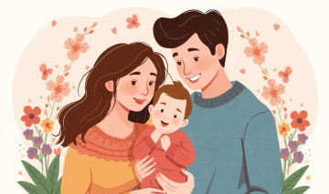 Ciepla ilustracja rodziny mama tata i dziecko razem szczesliwa rodzina kolorowa grafika na Dzien Mamy i Taty mila scena rodzinna bez tekstu profesjonalna grafika na strone internetowa