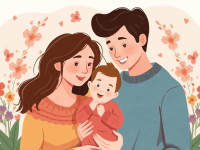 Ciepla ilustracja rodziny mama tata i dziecko razem szczesliwa rodzina kolorowa grafika na Dzien Mamy i Taty mila scena rodzinna bez tekstu profesjonalna grafika na strone internetowa