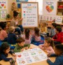 Dzieci w przedszkolu tworzace kodeks przedszkolaka maluchy siedzace w kregu z nauczycielem tablica z zasadami kolorowa sala przedszkolna dzieci rysujace i dyskutujace o zasadach atmosfera wspolpracy i nauki