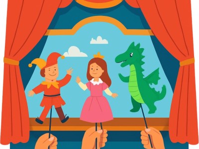 Generate  Childrens puppet theater on stage with curtains colorful illustration of theater performance with stage and puppets  in a modern vector art style with a flat design aesthetic