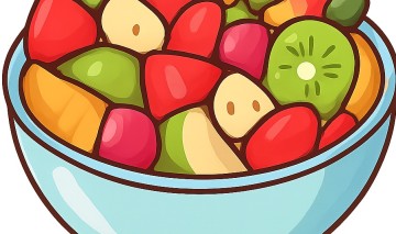Generate  Oryginalna przyjazna ilustracja dla strony internetowej przedszkola  kolorowa salatka owocowa w duzej miseczce widoczne kawalki jablka banana truskawek winogron pomaranczy i kiwi kilka prosty 1
