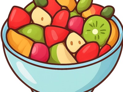 Generate  Oryginalna przyjazna ilustracja dla strony internetowej przedszkola  kolorowa salatka owocowa w duzej miseczce widoczne kawalki jablka banana truskawek winogron pomaranczy i kiwi kilka prosty 1