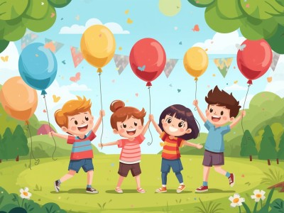 Kolorowa ilustracja szczesliwych dzieci bawiacych sie z balonami radosna scena jasne kolory bez zadnego tekstu ani napisow grafika na Dzien Dziecka v2