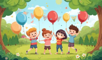 Kolorowa ilustracja szczesliwych dzieci bawiacych sie z balonami radosna scena jasne kolory bez zadnego tekstu ani napisow grafika na Dzien Dziecka
