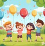 Kolorowa ilustracja szczesliwych dzieci bawiacych sie z balonami radosna scena jasne kolory bez zadnego tekstu ani napisow grafika na Dzien Dziecka