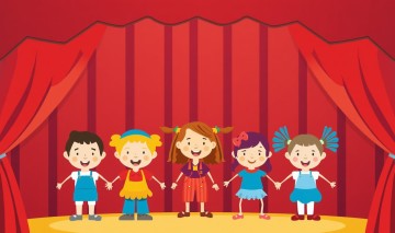 Kolorowa ilustracja teatrzyku dla dzieci scena teatralna z kukielkami kurtyna wesole postacie jasne kolory bez tekstu grafika na strone internetowa