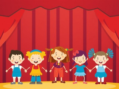 Kolorowa ilustracja teatrzyku dla dzieci scena teatralna z kukielkami kurtyna wesole postacie jasne kolory bez tekstu grafika na strone internetowa