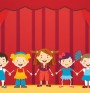Kolorowa ilustracja teatrzyku dla dzieci scena teatralna z kukielkami kurtyna wesole postacie jasne kolory bez tekstu grafika na strone internetowa