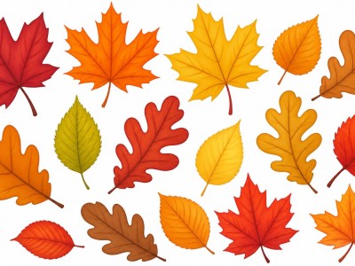 Kolorowe jesienne liscie piekne liscie klonu debu i brzozy w jesiennych kolorach pomaranczowy czerwony zolty brazowy zloty. Przyjazna ilustracja dla dzieci jasne kolory rozne ksztalty lisci idealna gra