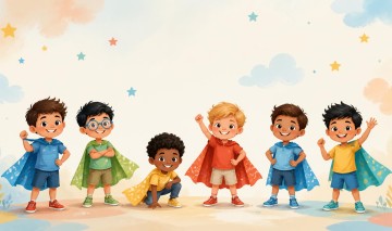 Oryginalna pogodna ilustracja cyfrowa na strone internetowa przedszkola z okazji Dnia Chlopaka  grupa roznorodnych chlopcow w wieku przedszkolnym stoi razem w radosnych pozach ubrani w proste kolorowe stroje i