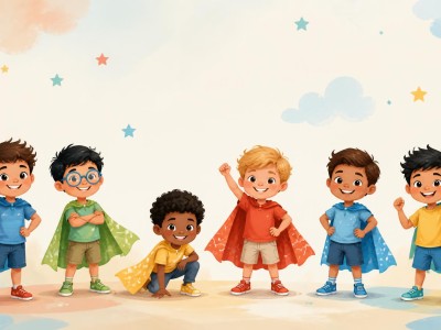 Oryginalna pogodna ilustracja cyfrowa na strone internetowa przedszkola z okazji Dnia Chlopaka  grupa roznorodnych chlopcow w wieku przedszkolnym stoi razem w radosnych pozach ubrani w proste kolorowe stroje i