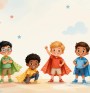 Oryginalna pogodna ilustracja cyfrowa na strone internetowa przedszkola z okazji Dnia Chlopaka  grupa roznorodnych chlopcow w wieku przedszkolnym stoi razem w radosnych pozach ubrani w proste kolorowe stroje i