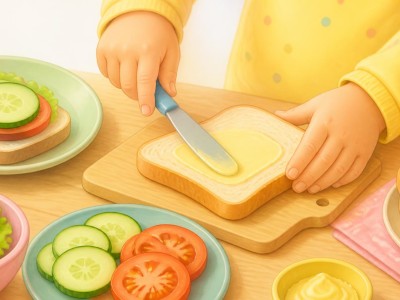 Oryginalny cieply rysunek ilustracyjny do strony internetowej przedszkola  zblizenie wylacznie na male dzieciece raczki przygotowujace kanapki sniadaniowe przy jasnym drewnianym stoliku. Jedna raczka trzyma bezp