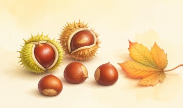 Oryginalny rysunek ilustracyjny kasztanow dla strony internetowej przedszkola  kilka lsniacych brazowych kasztanow w kolczastych lupinach oraz pojedyncze jesienne liscie na jasnym cieplym tle. Przyjazny delikat