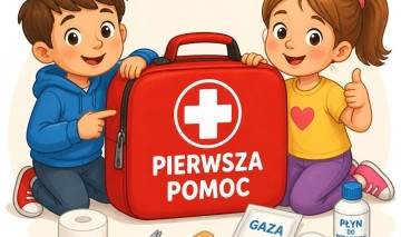 Rysunek apteczki pierwszej pomocy z dziecmi obok przyjazna ilustracja edukacyjna z napisem  PIERWSZA POMOC  po polsku na apteczce