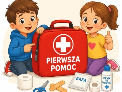 Rysunek apteczki pierwszej pomocy z dziecmi obok przyjazna ilustracja edukacyjna z napisem  PIERWSZA POMOC  po polsku na apteczce