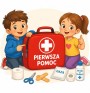 Rysunek apteczki pierwszej pomocy z dziecmi obok przyjazna ilustracja edukacyjna z napisem  PIERWSZA POMOC  po polsku na apteczce