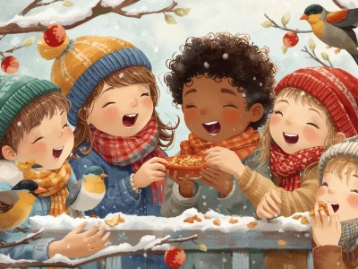 dokarmianie ptakow zima dzieci w przedszkolu ilustracja 1