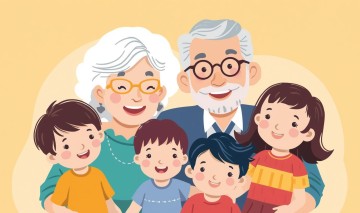 grafika babcia i dziadek usmiechnieci i wnuki