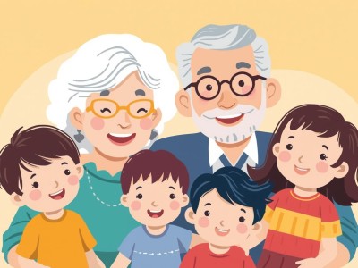 grafika babcia i dziadek usmiechnieci i wnuki