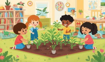 zielone kaciki rosliny sadzenie dzieci w przedszkolu grafika