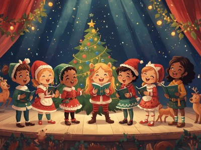 zrob rysunek dzieci spiewaja koledy w swiatecznych strojach na scenie